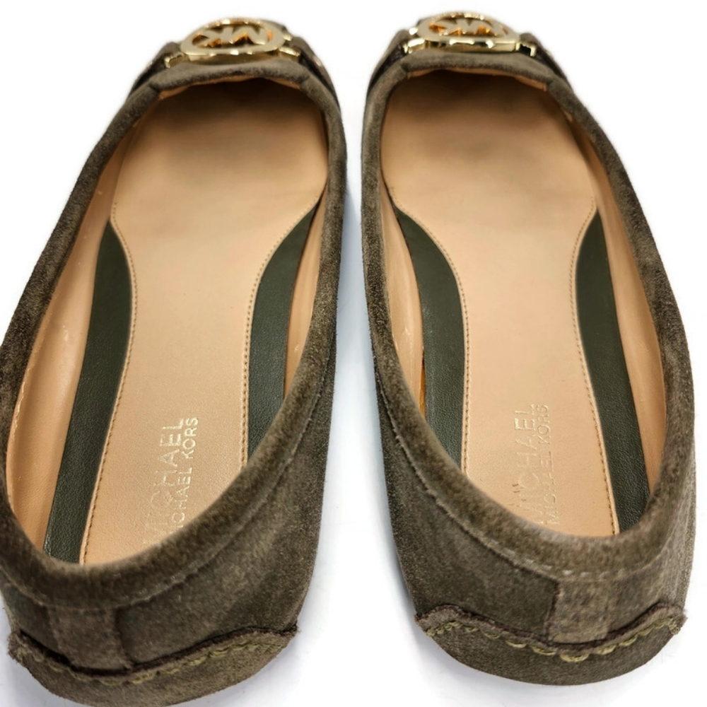 Michael Kors Fulton Dark Olive Green Suede Gold MK Logo Slip-On Driving Loafers - Picture 6 of 14